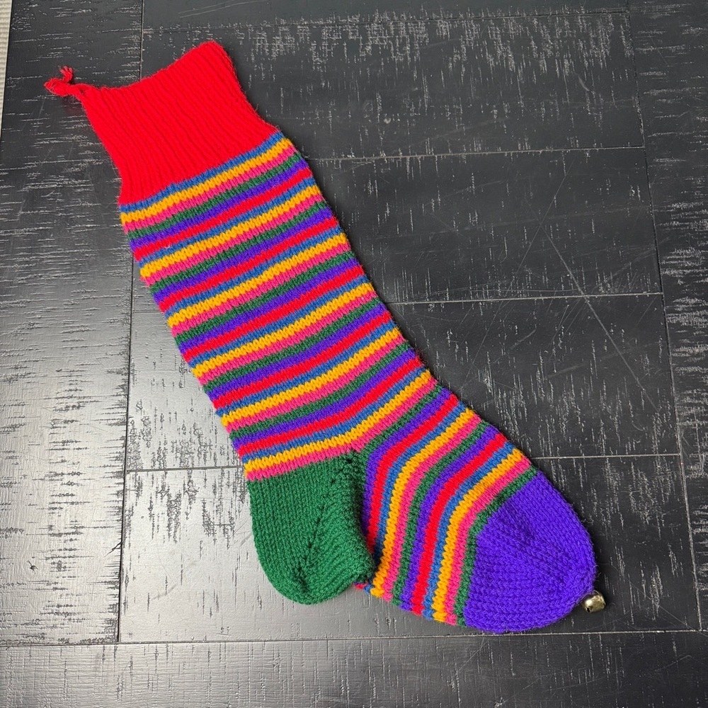 Handmade Knit Christmas Stocking Rainbow Stripes Stocking 26” Stripe Gum 70s?